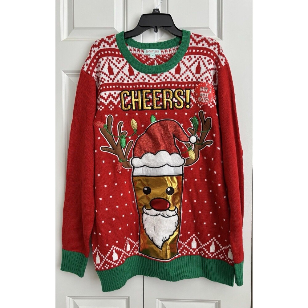 MEN'S UGLY CHRISTMAS SWEATER SIZE XL HOLIDAY HYPE RED MULTICOLOR DRINK POCKET